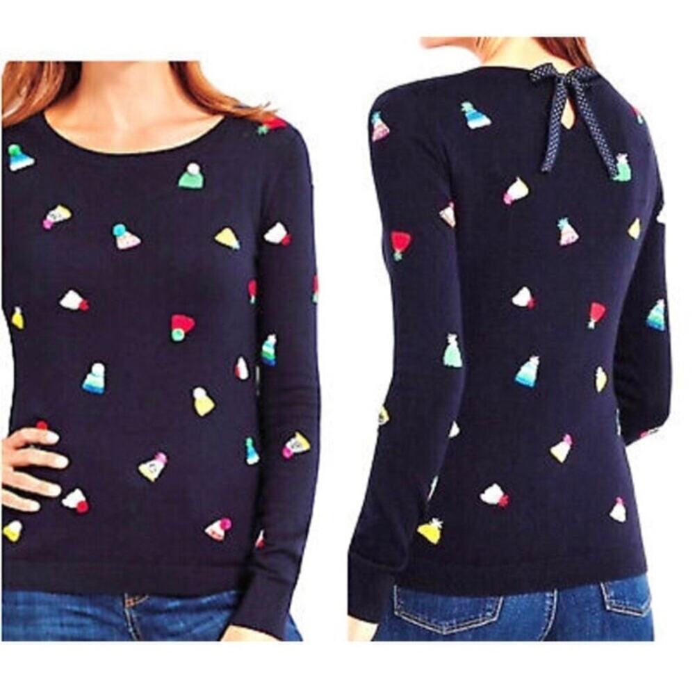 Talbots Sz M Party Hat Scoop Neck Sweater Navy with Multicolor Birthday Holiday